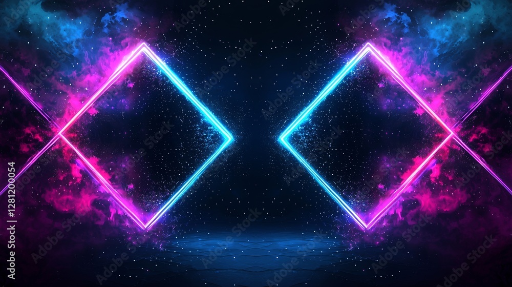 Poster stock photo of neon-lit geometric shapes and structures in a dark cyberspace background with an abst