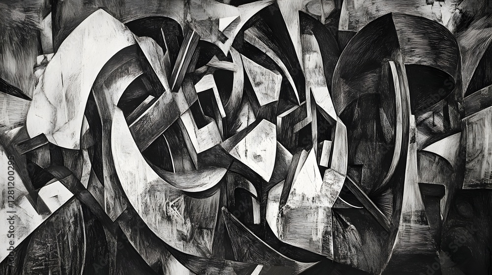 Aufkleber Captivating Cubist Composition Monochromatic Geometric Abstraction with Dynamic Fragmented Patterns