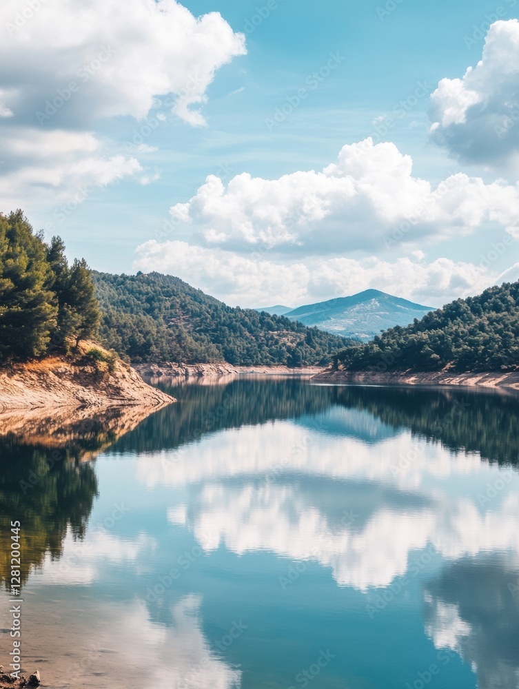 Poster serene lake reflects clouds and mountains under bright sky in tranquil landscape surrounded by lush 