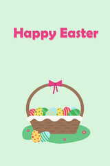 card with the inscription Happy Easter. basket with colorful eggs. Vector illustration