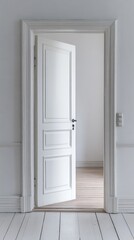 Fototapeta premium An open door reveals a serene white room bathed in natural light, highlighting the smooth wooden flooring. The inviting atmosphere encourages exploration and contemplation