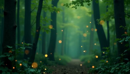 Dark forest green background with scattered fairy-like bokeh lights in golden and silver hues, magical and enchanting, creating a whimsical visual effect