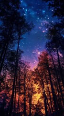 Naklejka premium Starlit Forest Camping with Illuminated Tent Under a Vibrant Night Sky in a Serene Woodland Setting, Generative AI