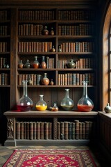 Shelves lined with ancient tomes and dusty flasks, artifacts, mystical