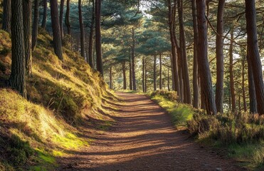 Obraz premium Sunlit Forest Path Winding Through Hills