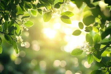 Sunlight Filtering Through Green Leaves and Blossoms in a Tranquil Nature Setting