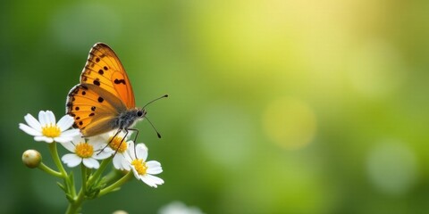 Obraz premium A vibrant orange butterfly delicately perched on a cluster of pristine white wildflowers, basking in the soft glow of natural sunlight amidst a lush green backdrop.