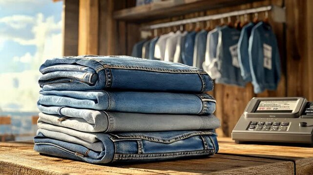 Denim Dreams: A neatly stacked pile of various blue jeans takes center stage on a wooden table in a store setting.