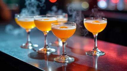 molecular cocktails fried egg, with yolk from mango syrup, egg white from coconut cream, on the counter of a bar, top view, a lot of smoke around, neon lights, theme of modern cuisine