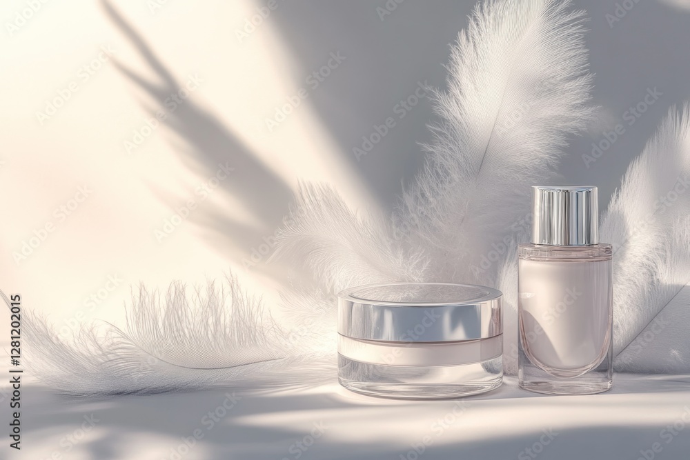 Poster elegant cosmetic display with natural light and soft feathers creating a serene atmosphere