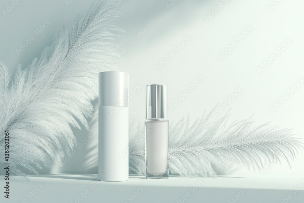 Poster elegant minimalist display of cosmetic bottles with soft feathers in calm pastel background