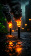 Low Carbon Manufacturing in Urban Scenes with Flames and Smoke