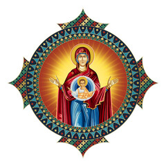 Obraz premium Blessed Virgin Mary and Jesus Christ. The Unbreakable Wall. Religious decorative dome. Christian illustration in Byzantine style isolated on white background