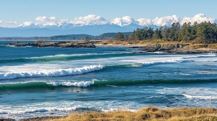 Ocean Waves Crashing on Rocky Coastline Under a Blue Sky