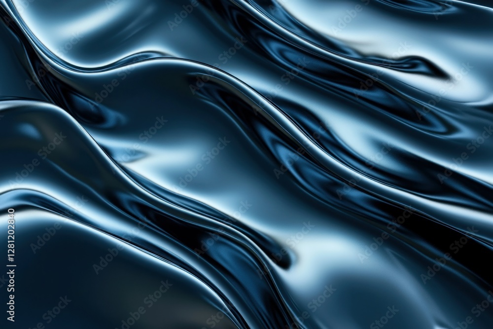 Poster smooth flowing blue metallic surface with subtle waves and reflections in soft lighting