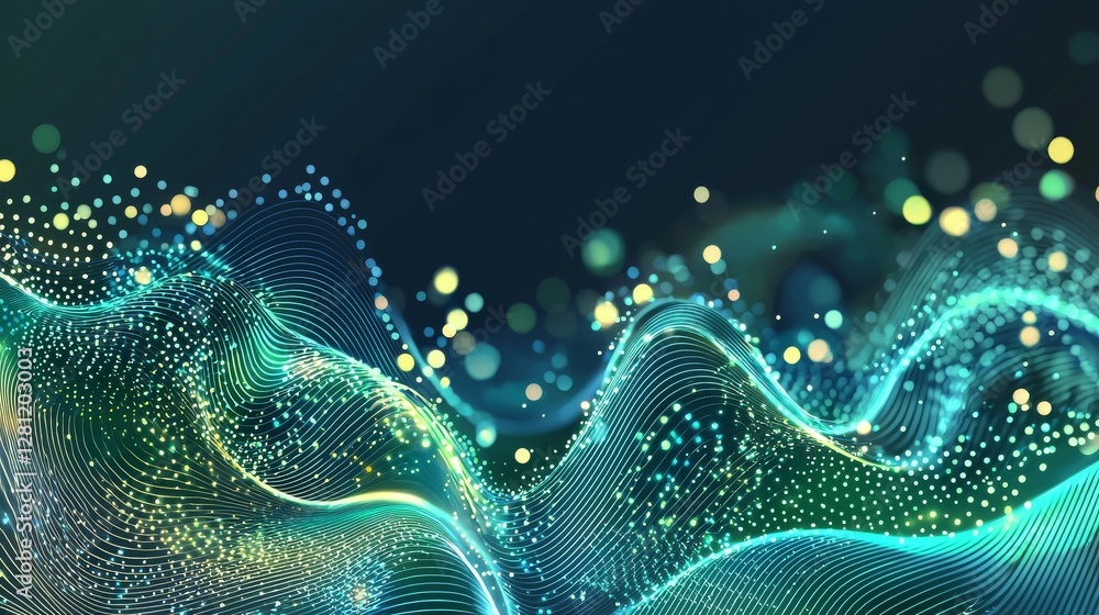 Poster glowing green digital cyberspace of the future is characterized by glowing particles and a swift flo