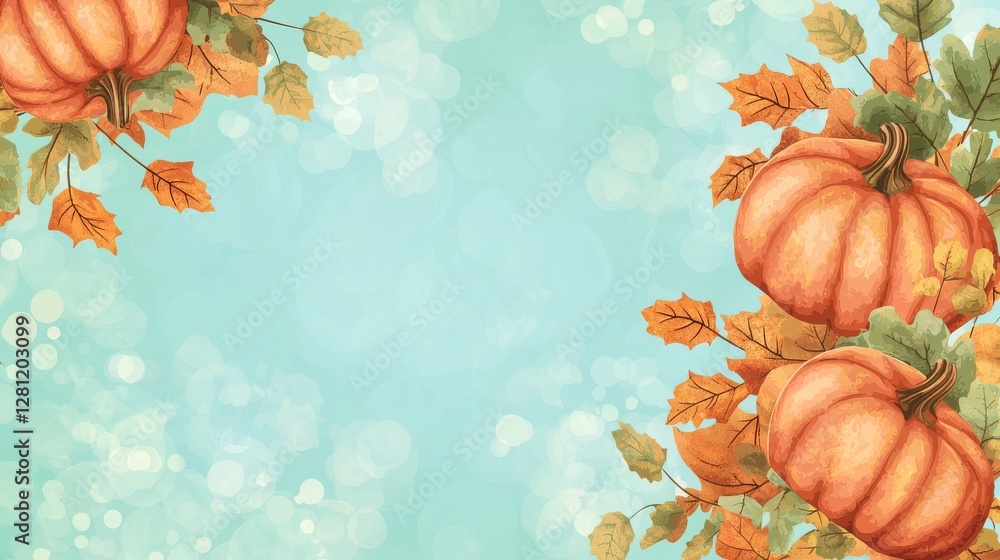 Poster a blue bokeh light background serves as the setting for an autumn-themed scene with pumpkins and lea