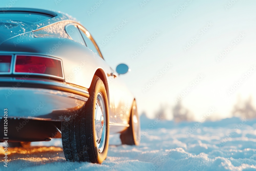 Aufkleber creative capture of shiny clean car parked in snow glint of sunlight on its surface creating visuall
