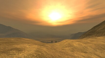 Desert Sunset Landscape With Distant Mountains and Palm Trees