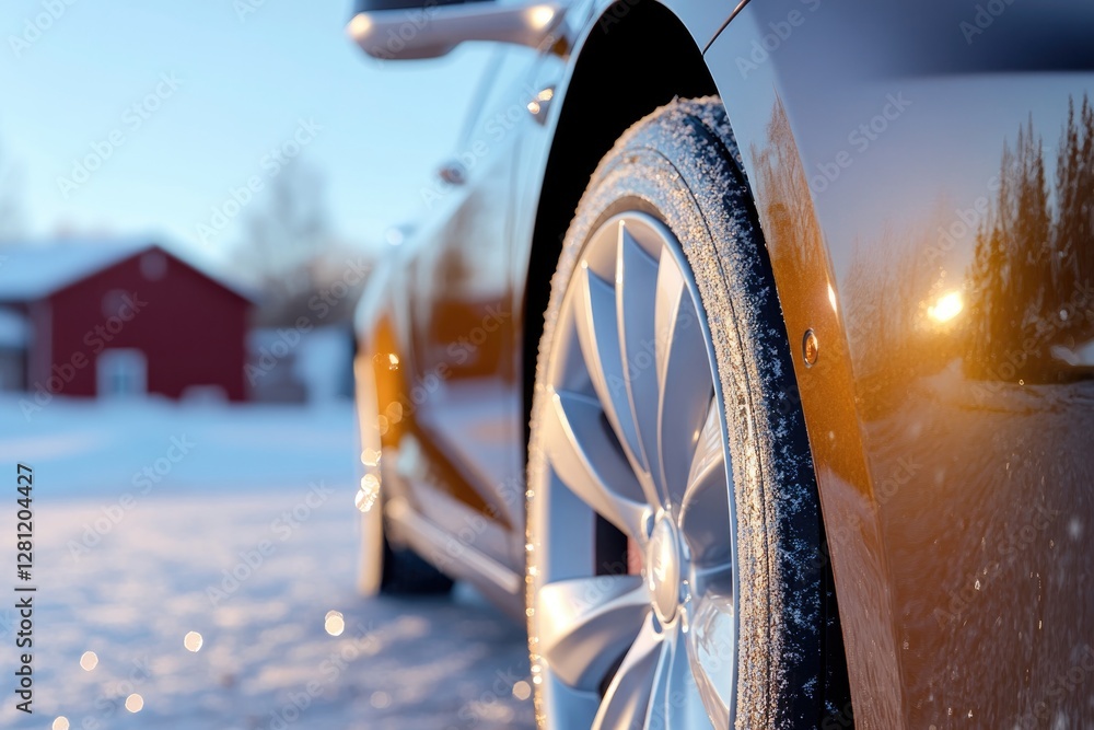 Aufkleber creative capture of shiny clean car parked in snow glint of sunlight on its surface creating visuall