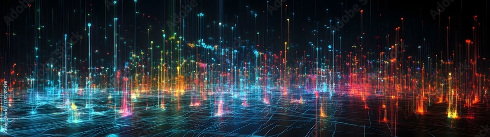 Poster Captivating futuristic digital landscape with a dynamic flow of glowing neon lights intricate geometric patterns and a sense of infinite depth and dimension