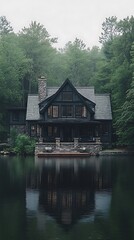 Fototapeta premium A Lakeside House Surrounded by Lush Trees and Reflective Water
