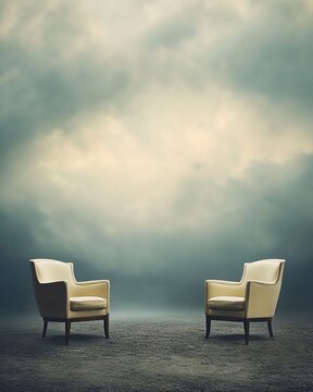 Two chairs in a surreal, cloudy landscape.