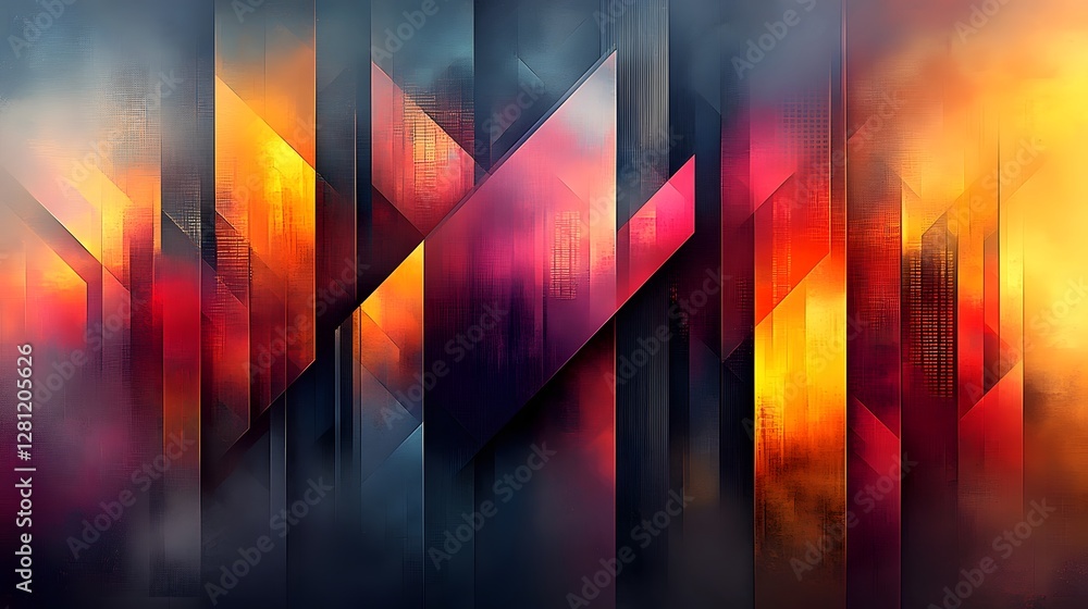 Poster Captivating Geometric Abstract Art with Vibrant Prismatic Shapes and Patterns  This striking digital artwork features a dynamic and mesmerizing composition of converging overlapping