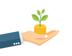 Concept of money with plant growing from coins in hand. Financial and save money concept