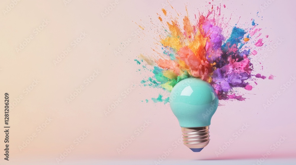 Poster the stock illustration features a colorful light bulb with a dynamic explosion of various colors and