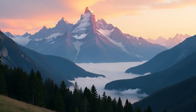 Majestic mountain landscape with sunrise glow, mist covering the valley, peaceful and scenic, perfect for nature and travel visuals