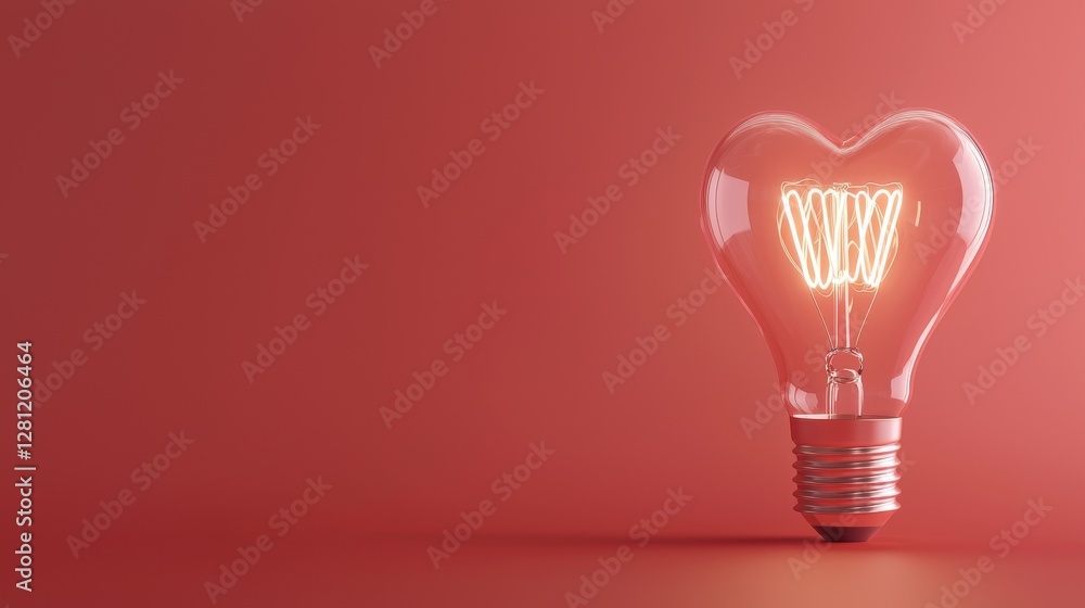 Poster the concept of love and romance is represented by a glowing heart shape inside a light bulb on a red