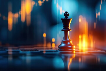 Chess King Piece on Board with Glowing Background and Abstract Light Effects
