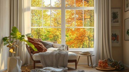 A cozy reading nook by a window with natural light
