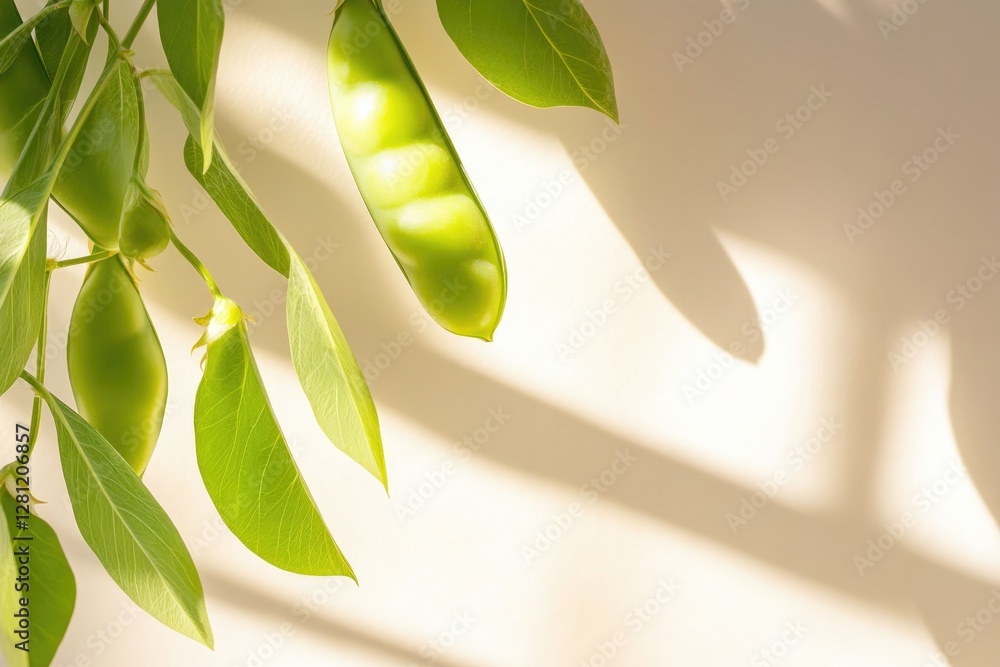 Poster minimalist close-up of fresh peas in their pods placed on smooth background with subtle shadows and 