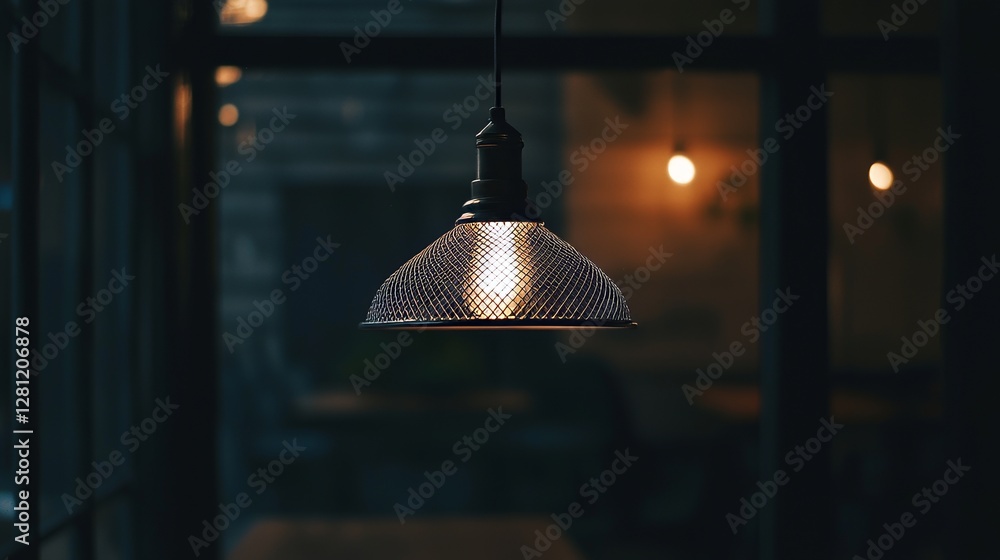 Poster a close-up with selective focus showcases a retro-designed, round ceiling lamp with a warm light sha