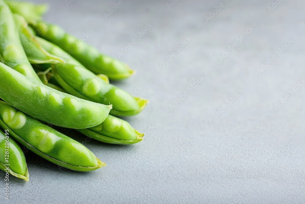 Poster minimalist close-up of fresh peas in their pods placed on smooth background with subtle shadows and 