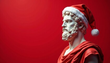 Statue of a Greek god wearing Santa hat on red background, santa, greek god