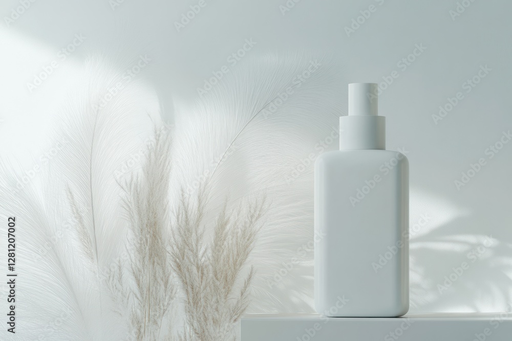 Poster minimalist white bottle on soft background with delicate feathers and subtle lighting effects