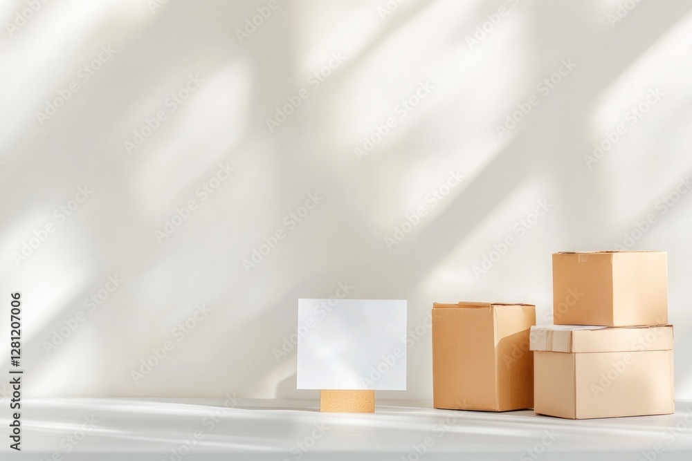 Aufkleber minimalist shot of donation drop-off sign on clean table surrounded by few boxes and soft shadows wi