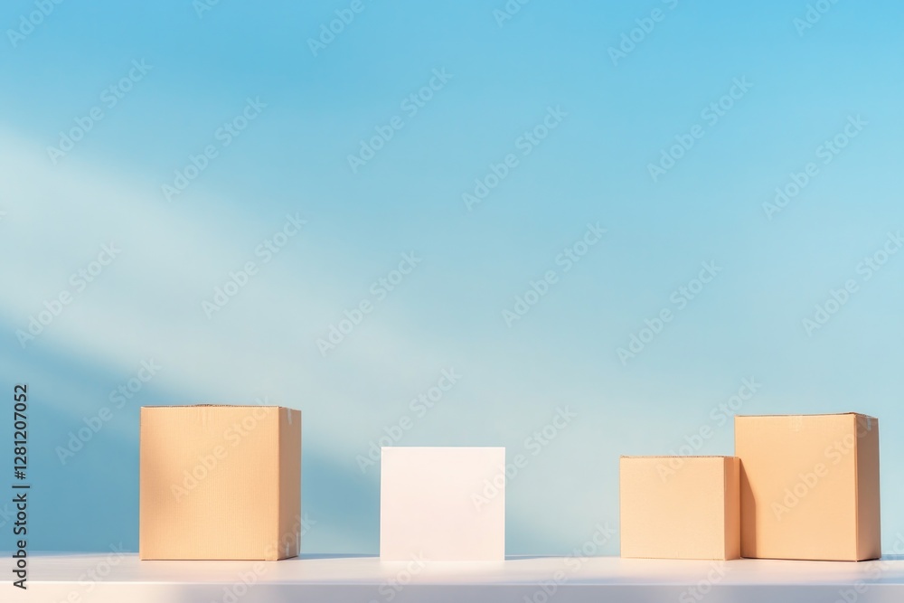 Poster minimalist shot of donation drop-off sign on clean table surrounded by few boxes and soft shadows wi