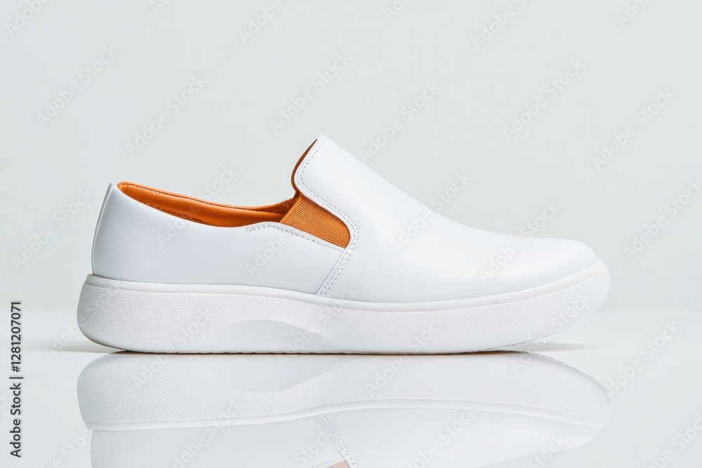 Poster minimalist photo of casual slip-on shoes displayed neatly on smooth white background with soft refle