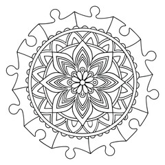Mandala Coloring Page: Intricate Floral Design with Puzzle Piece Border, Relaxation Art Therapy, Printable Adult Coloring Book Page