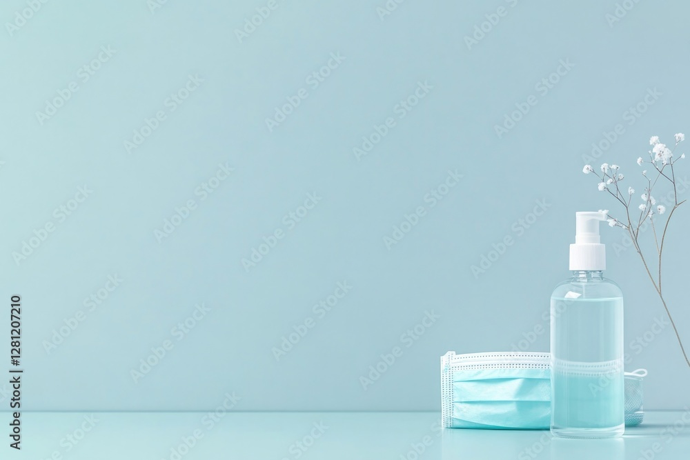 Poster minimalistic close-up of hand sanitizer bottle and face mask placed neatly on desk clean layout offe