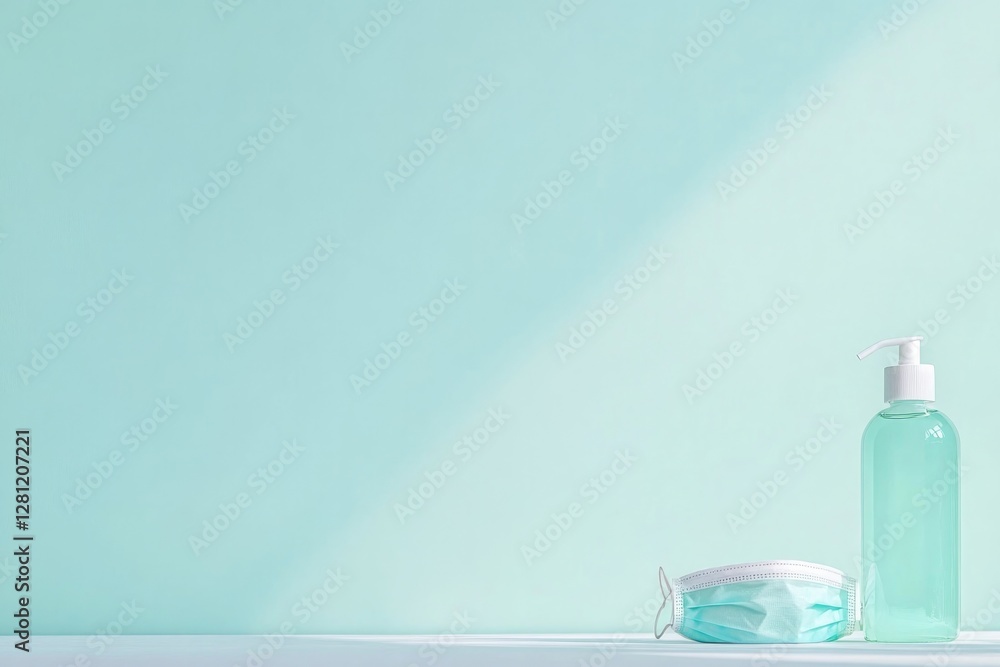 Poster minimalistic close-up of hand sanitizer bottle and face mask placed neatly on desk clean layout offe