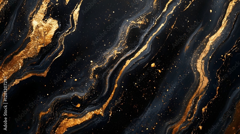 Poster Captivating Golden Swirls on a Dark Abstract Backdrop with Shimmering Textures and Patterns  Luxurious Metallic and Glamourous Design with Vibrant Sparkles and Fluid Gradients