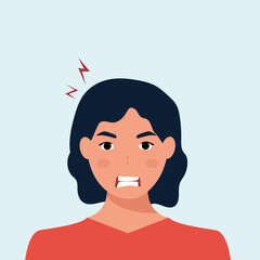 Angry frustrated young woman screaming. Irritation, mad expression, frustration and negative emotion vector graphic illustration.