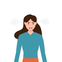 Angry screaming young woman  with steam coming out of his ears. Irritation, mad expression, frustration and negative emotion vector graphic illustration.