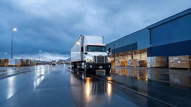 Semi-Truck Delivery Under Rainy Skies: A large white semi-truck with a box trailer, driving on a wet, reflective asphalt road, positioned in front of a modern warehouse building.