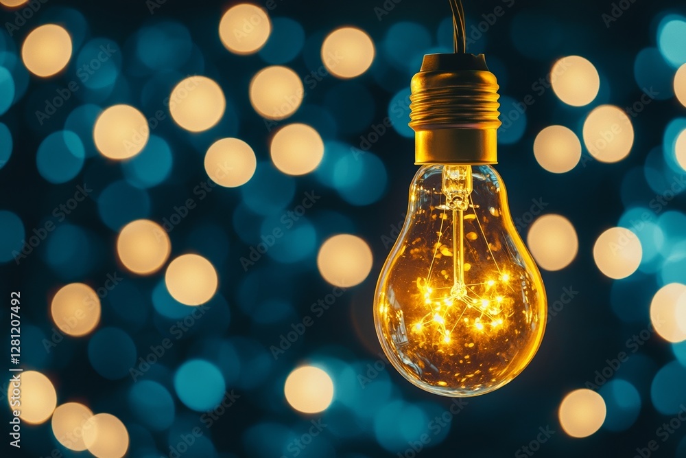 Poster illuminated retro-style light bulb on a dark background with bokeh, embodying a creative concept of 